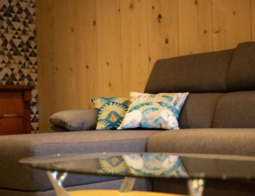 Canapé gris avec coussins bleus et motifs, contre un mur en bois clair.Les gîtes du haut bois 2 Le Haut Bois, 25650 Ville-du-Pont, France